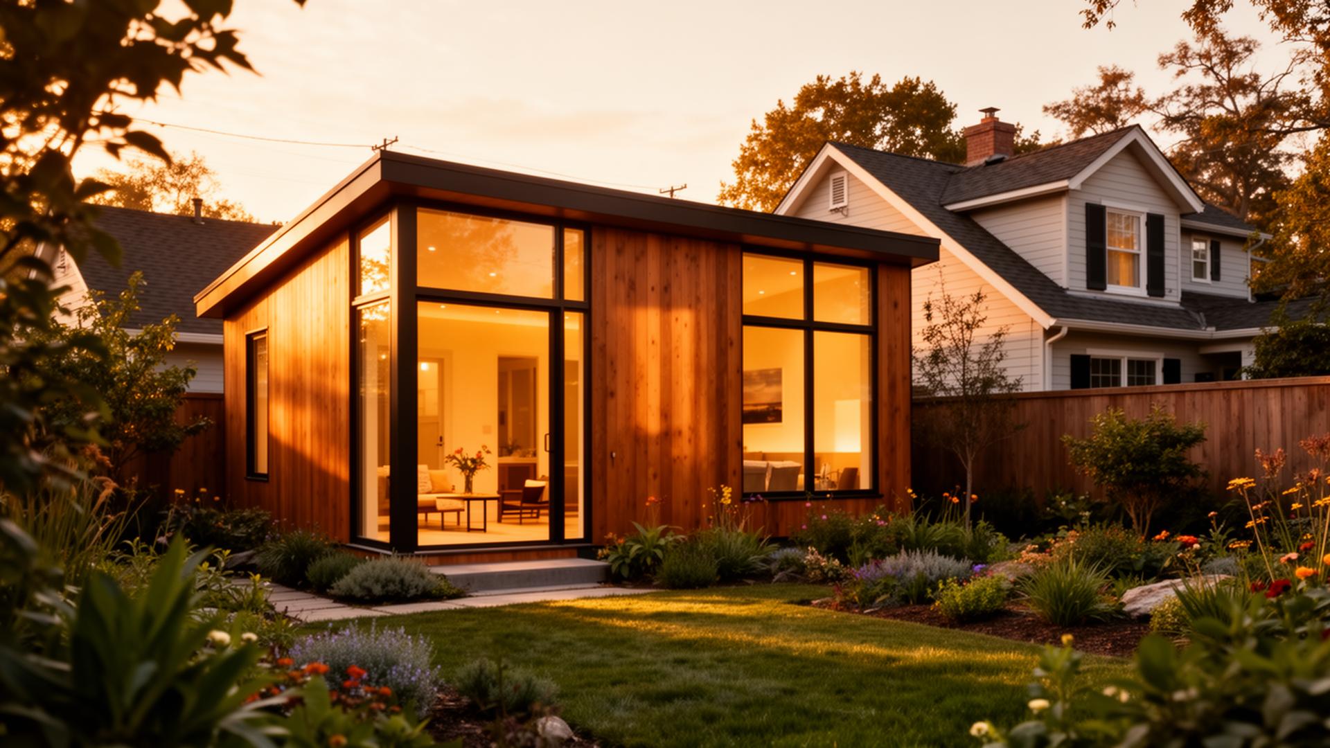 A modern wood-clad ADU glowing at sunset behind a charming family home
